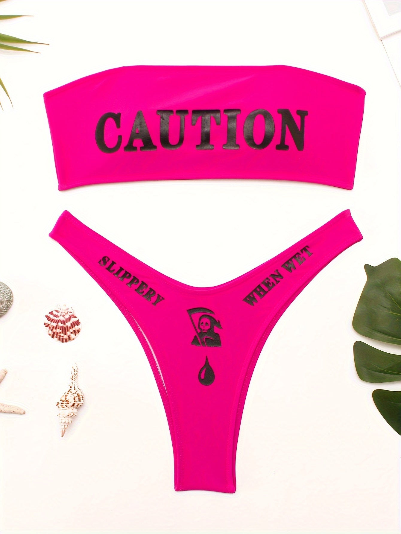 2 Piece Bandeau Letter Print Bikini Set - Stretchy High Cut Swimsuits with Applique Details, Polyester Material, and Machine Washable - Customized Alphabet Print Swimwear for Women